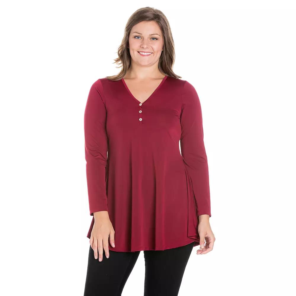 Plus Size 24Seven Comfort Long Sleeve V-Neck Henley Tunic Top, Womens Product Image