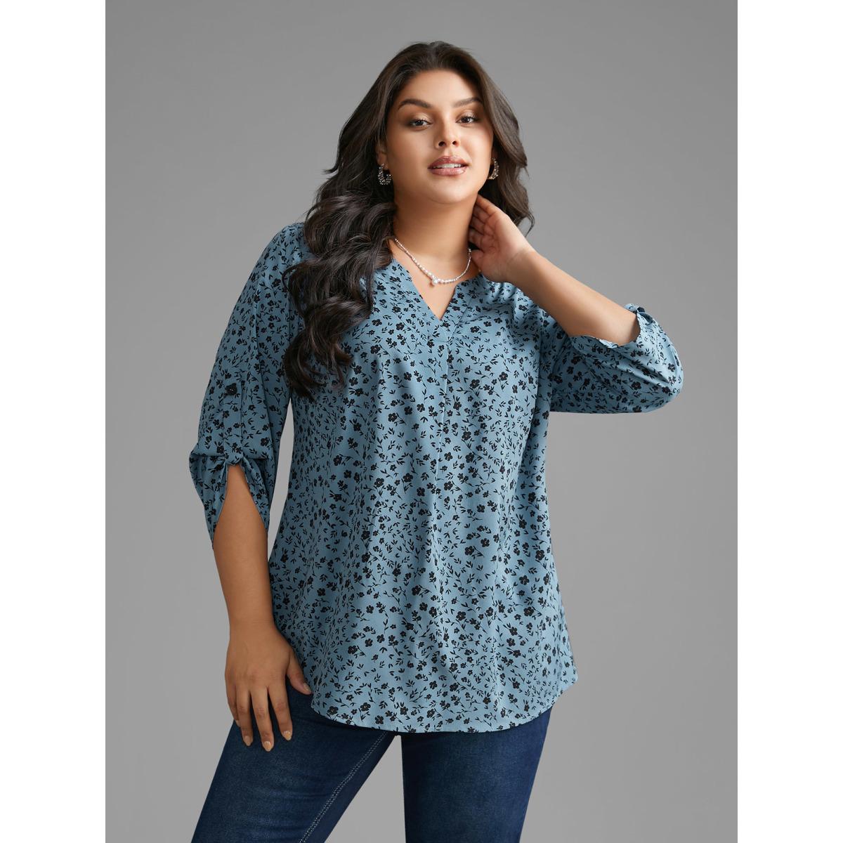 Plus Size Stone Ditsy Floral Button Cuff Sleeve Pleated Blouse Women Elegant Long Sleeve Flat collar with V-notch Everyday Blouses BloomChic 10/M Product Image