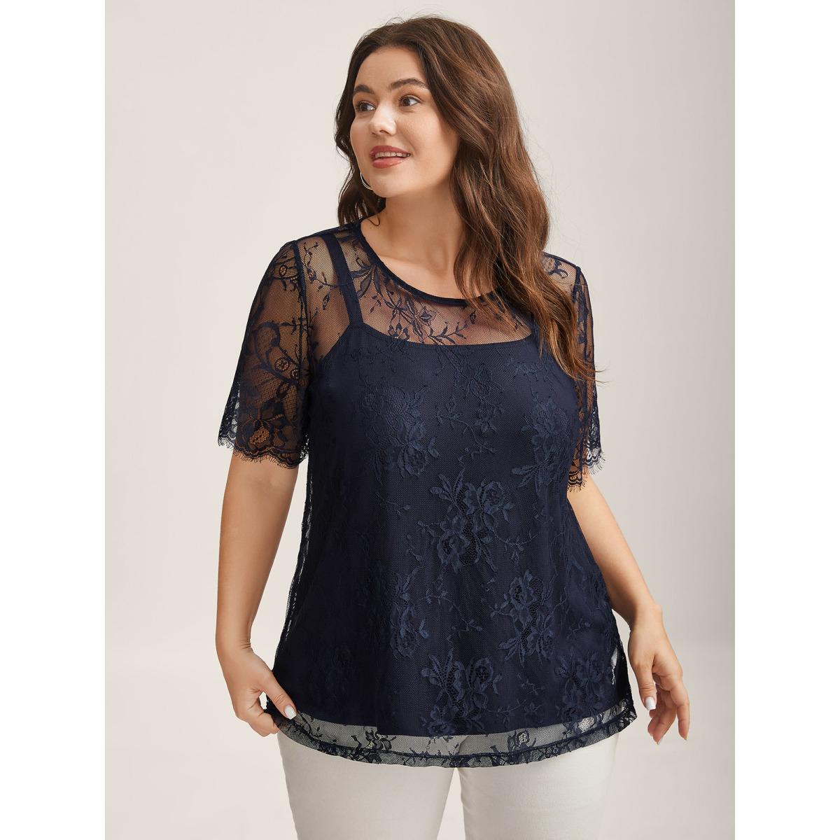 Plus Size Two-Piece Romantic Sheer Lace Lined T-Shirt Indigo Women Romantic See through Round Neck Elegant T-shirts BloomChic 30/6X Product Image