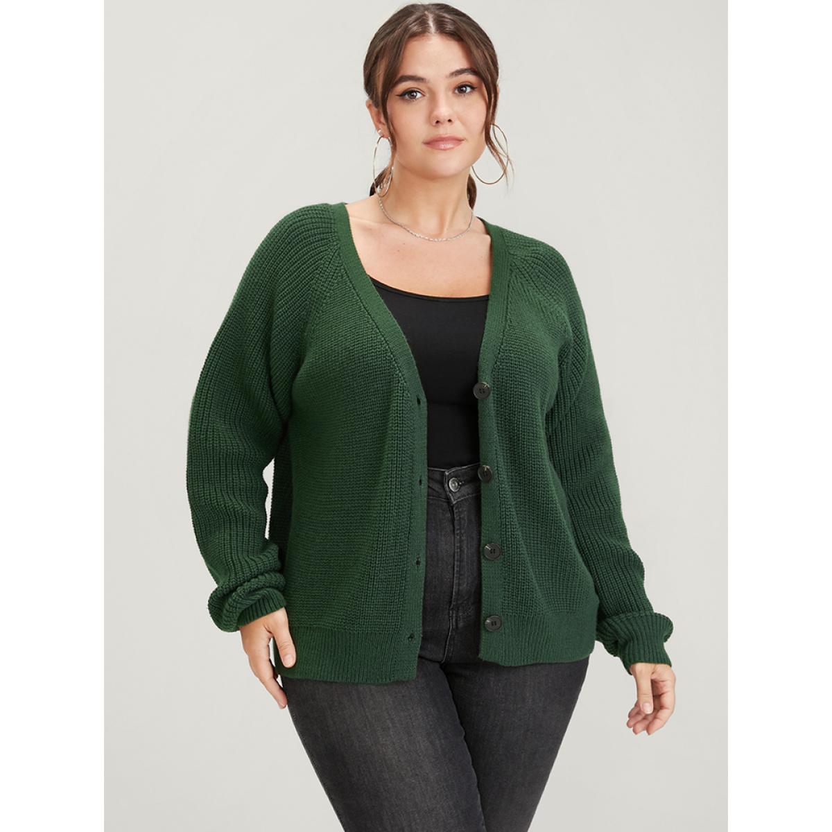 Plus Size Solid Pointelle Knit Raglan Sleeve Button Front Cardigan DarkGreen Women Elegant Loose Long Sleeve Dailywear Cardigans BloomChic 28/5X Product Image