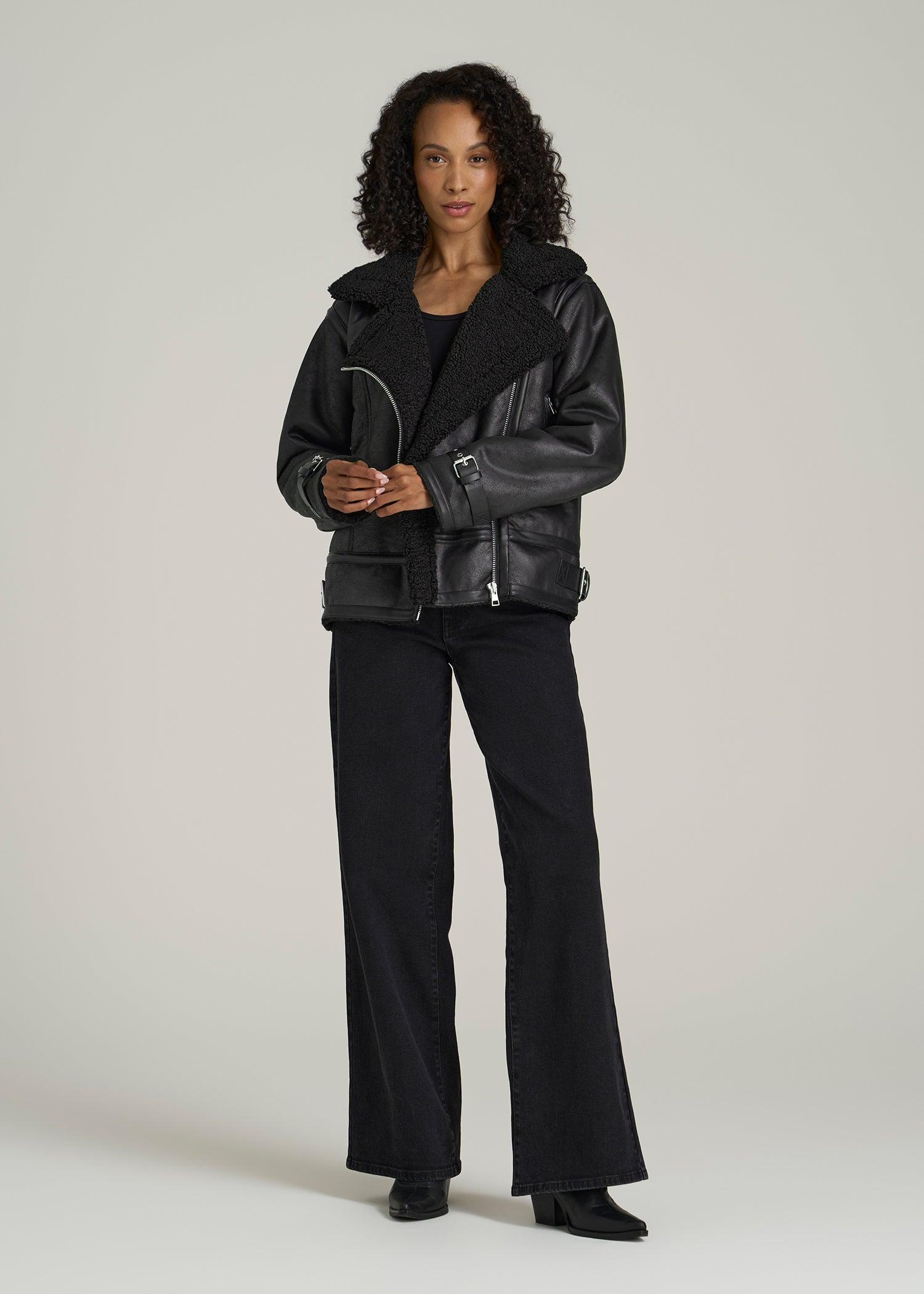 Shearling Moto Jacket for Tall Women in Black Female Product Image