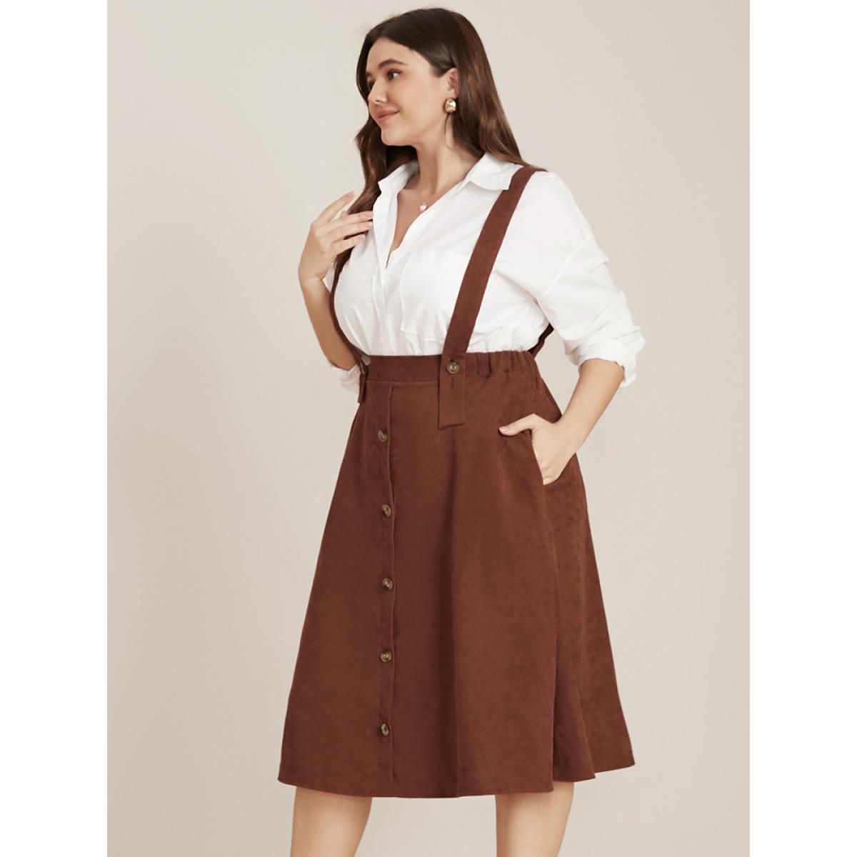 Plus Size Solid Button Detail Pocket Corduroy Suspender Skirt Women Brown Elegant Plain Loose No stretch Pocket Dailywear Skirts BloomChic 10/M Product Image