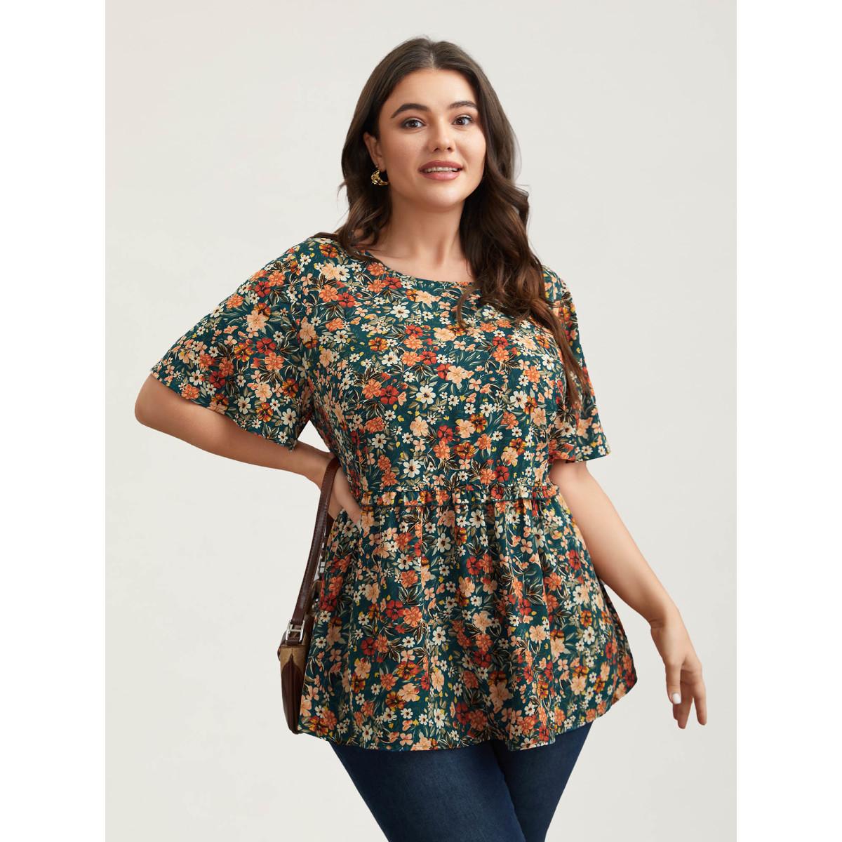 Plus Size DarkSlateGray Floral Ruffled Round Neck Shirt Women Timeless Short sleeve Round Neck Elegant Blouses BloomChic 30/6X Product Image
