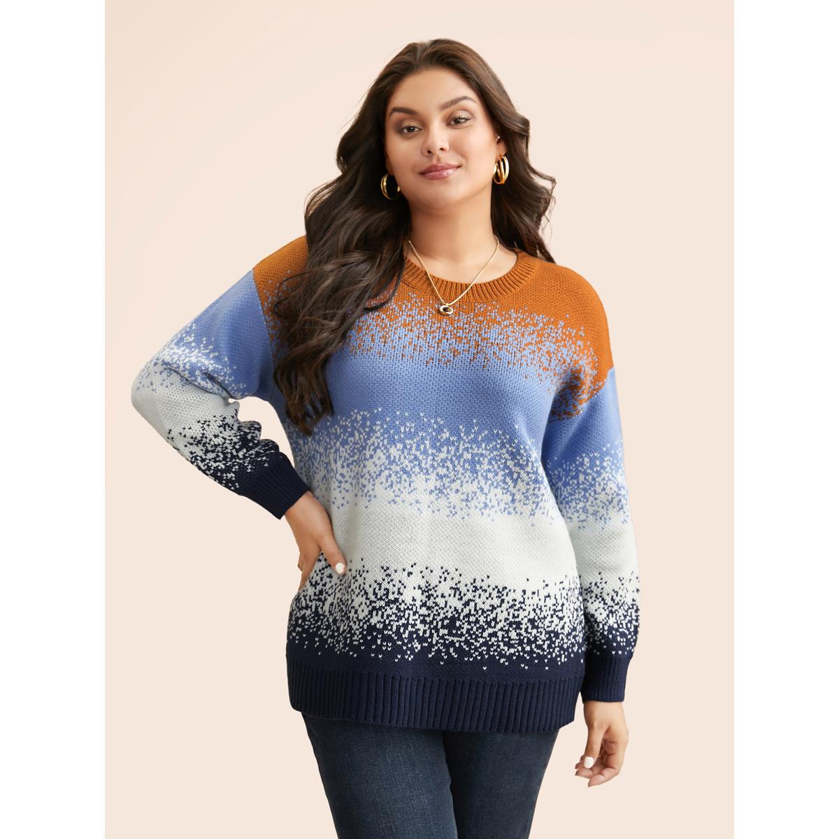 Plus Size Gradient Dyeing Contrast Drop Shoulder Pullover Indigo Women Casual Loose Long Sleeve Round Neck Everyday Pullovers BloomChic 26/4X Product Image