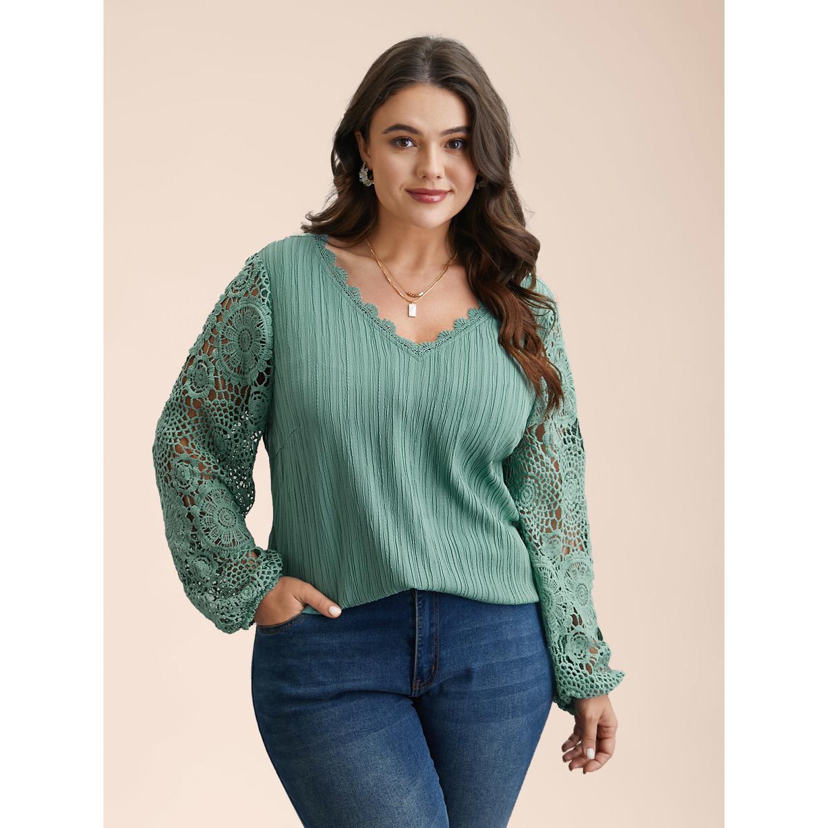 Plus Size Greenbean Scalloped Lace Textured Sheer Sleeve Blouse Women Timeless Extra Long Sleeve V-neck Elegant Blouses BloomChic 22-24/3X Product Image