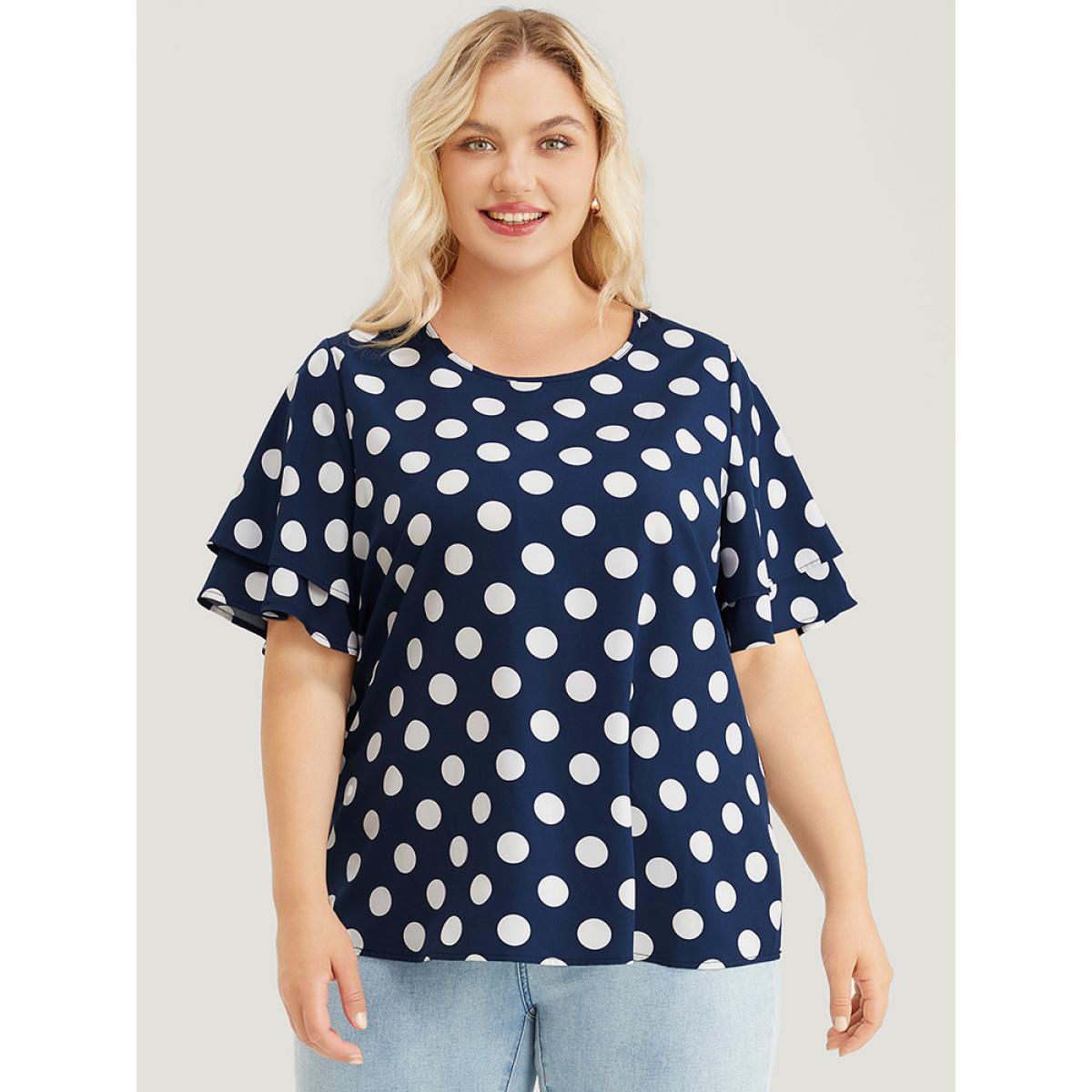 Plus Size Indigo Polka Dot Ruffle Tiered Sleeve Blouse Women Office Short sleeve Round Neck Office Blouses BloomChic 10/M Product Image