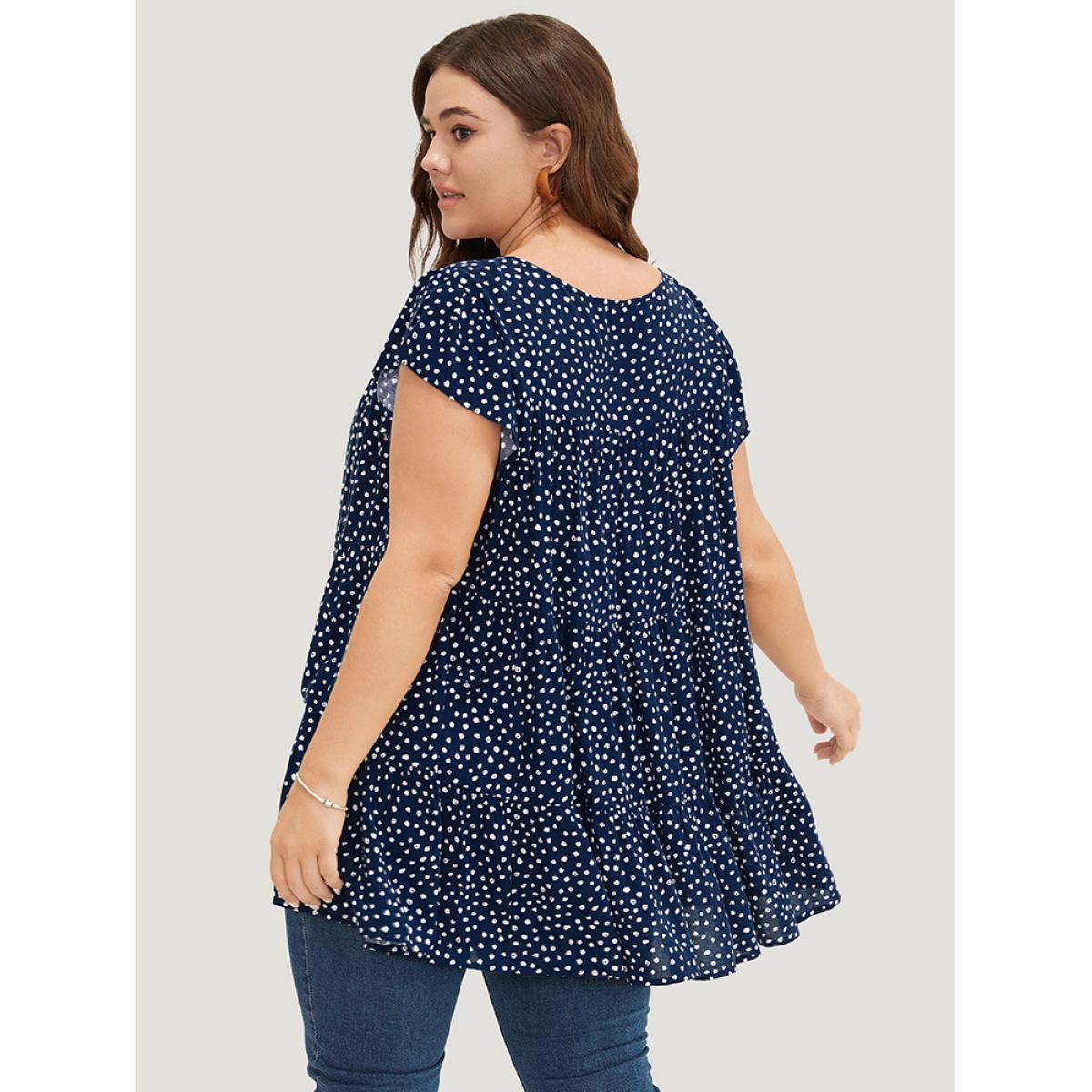 Plus Size Indigo Allover Print Cap Sleeve Ruffle Hem Gathered Blouse Women Casual Cap Sleeve Round Neck Everyday Blouses BloomChic 18-20/2X Product Image