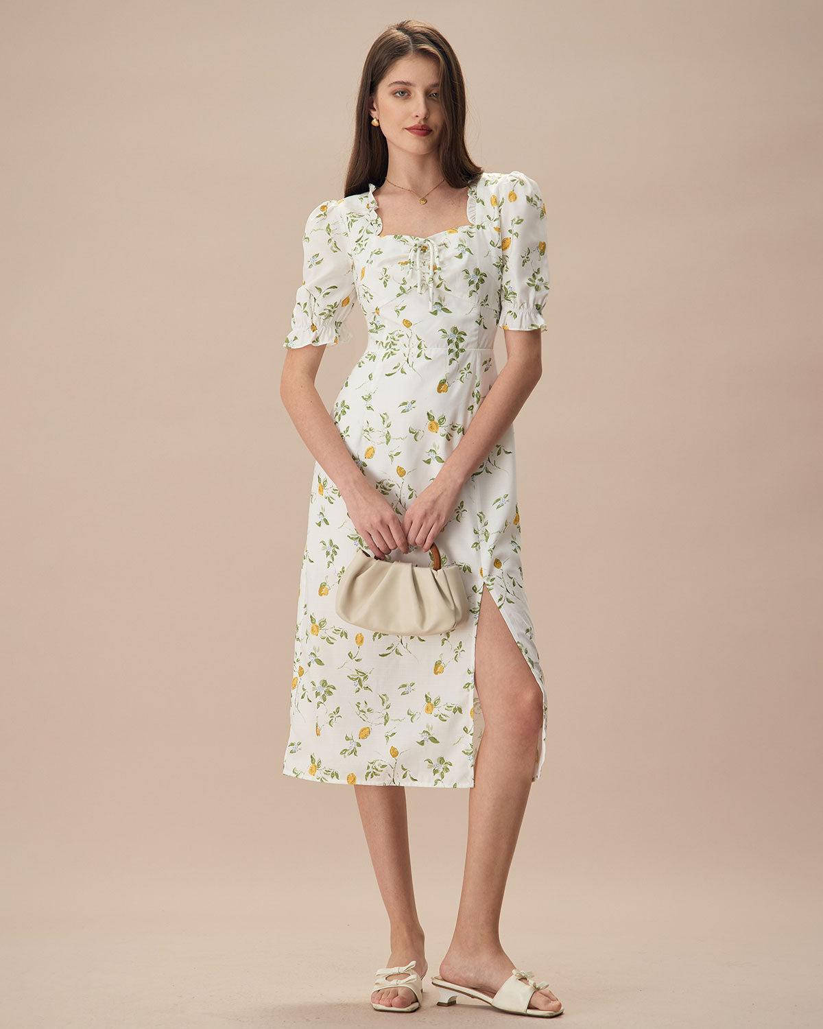 The White Square Neck Frill Trim Floral Midi Dress Product Image