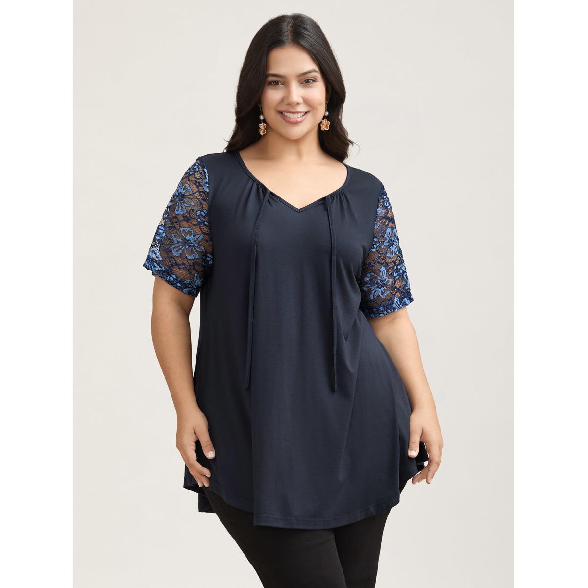 Plus Size Dual-Tone Lace Neck Tie Relaxed T-Shirt Indigo Women Elegant Tie knot V-neck Loose Everyday T-shirts BloomChic 18-20/2X Product Image