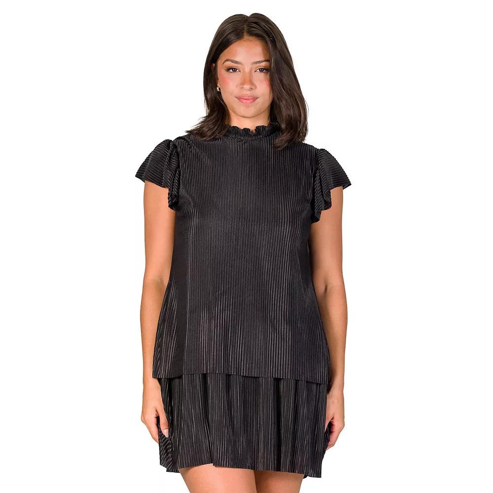 Women's 24Seven Comfort Apparel Ruffle Cap Sleeve High Neck Pleated Tiered Mini Dress,  Product Image