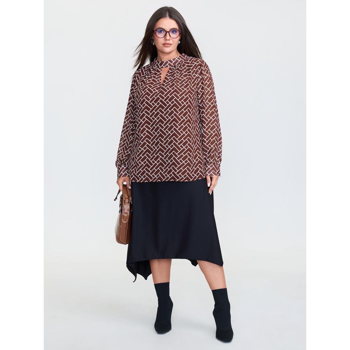Plus Size Browncoffeecolor Geometric Print Cut Out Neck Blouse Women Office Extra Long Sleeve Mock Neck Office Blouses BloomChic 30/6X Product Image