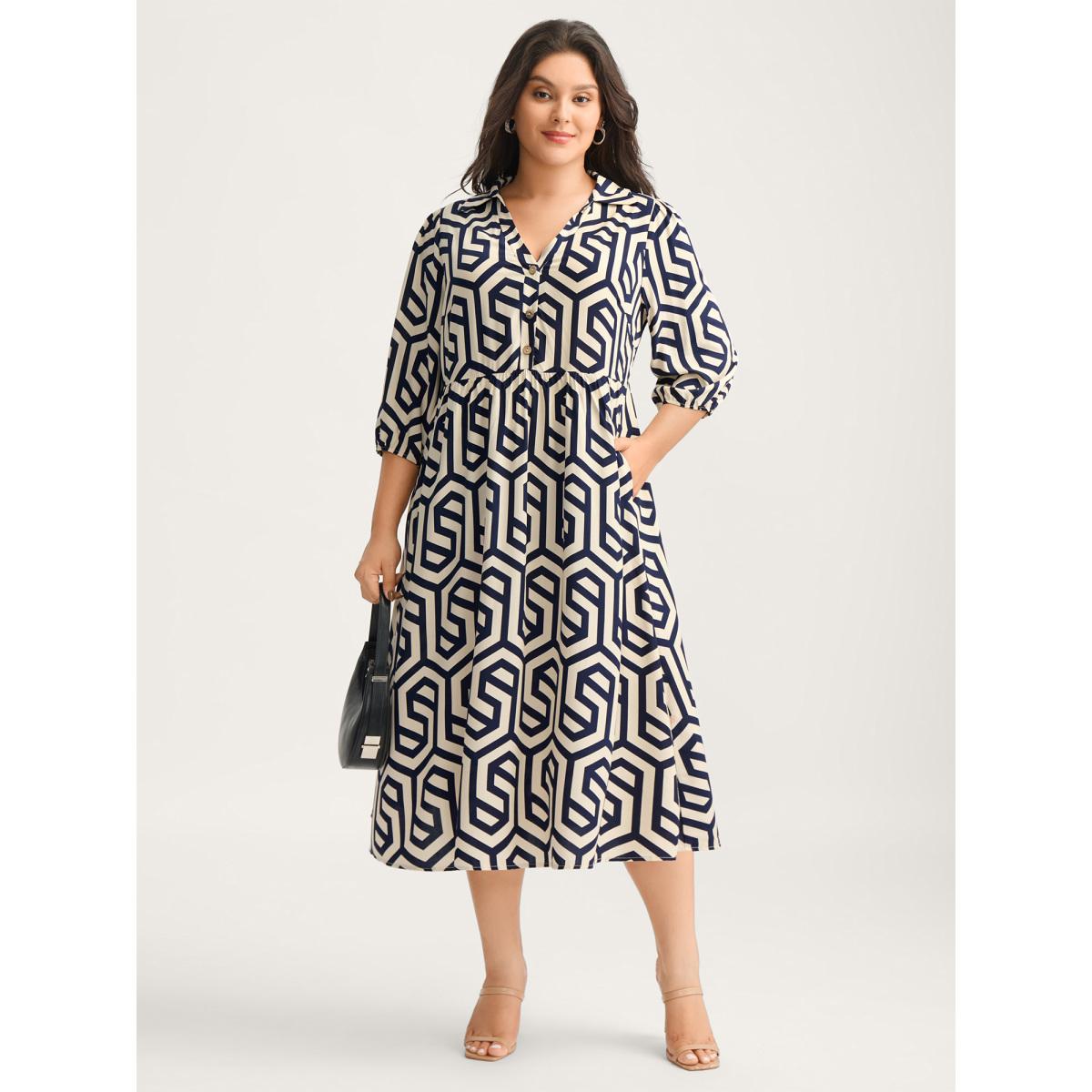 Plus Size Rayon Geometric Pattern Button Midi Dress DarkBlue Women Shirt collar Elbow-length sleeve Curvy BloomChic 22-24/3X Product Image