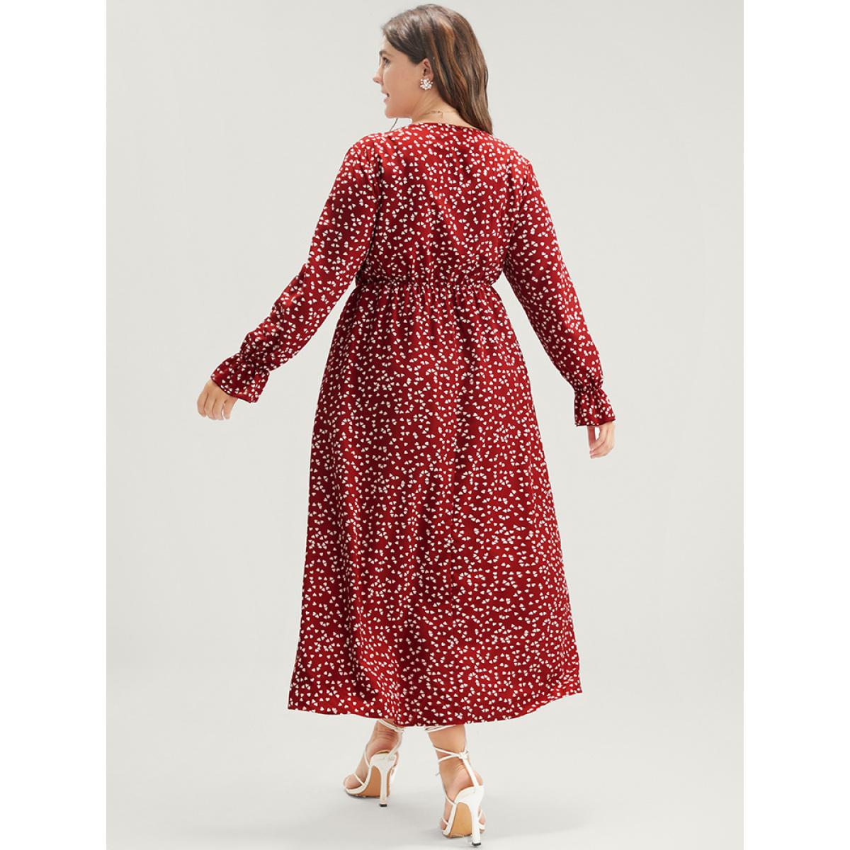 Plus Size Heart Print Lantern Sleeve Pocket Square Neck Dress Scarlet Women Elegant Pocket Square Neck Long Sleeve Curvy Midi Dress BloomChic 26/4X Product Image