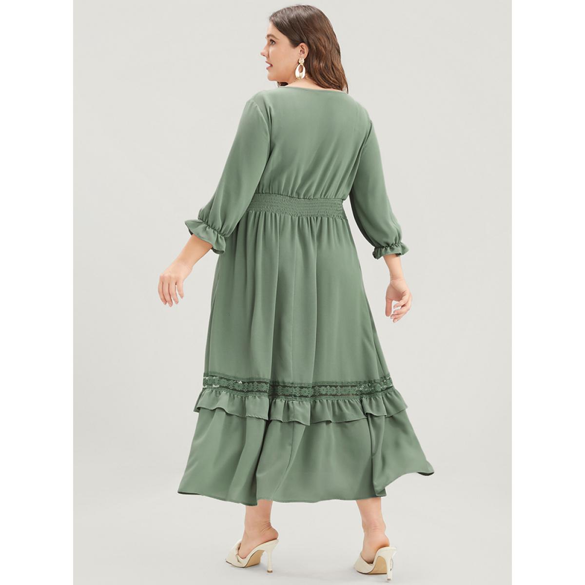 Plus Size Plain Lantern Sleeve Button Detail Pocket Shirred Ruffle Hem Dress Mint Women Elegant Patchwork V-neck Elbow-length sleeve Curvy Midi Dress BloomChic 28/5X Product Image