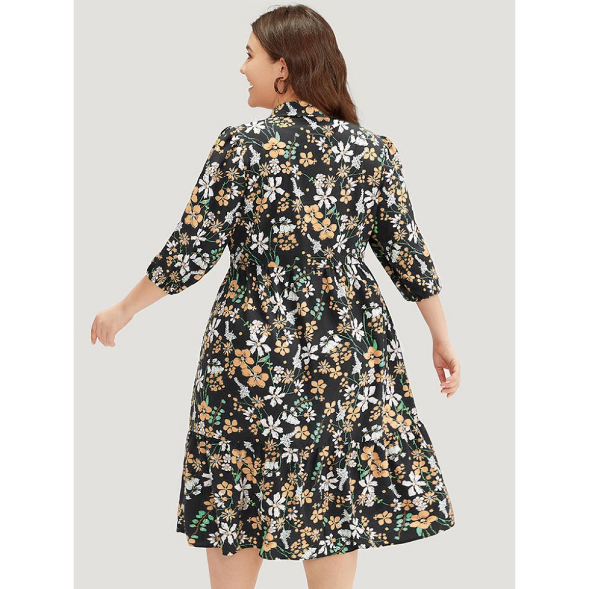 Plus Size Floral Print Shirt Collar Ruffled Hem Dress Black Women Elegant Elastic cuffs Shirt collar Elbow-length sleeve Curvy Midi Dress BloomChic 22-24/3X Product Image