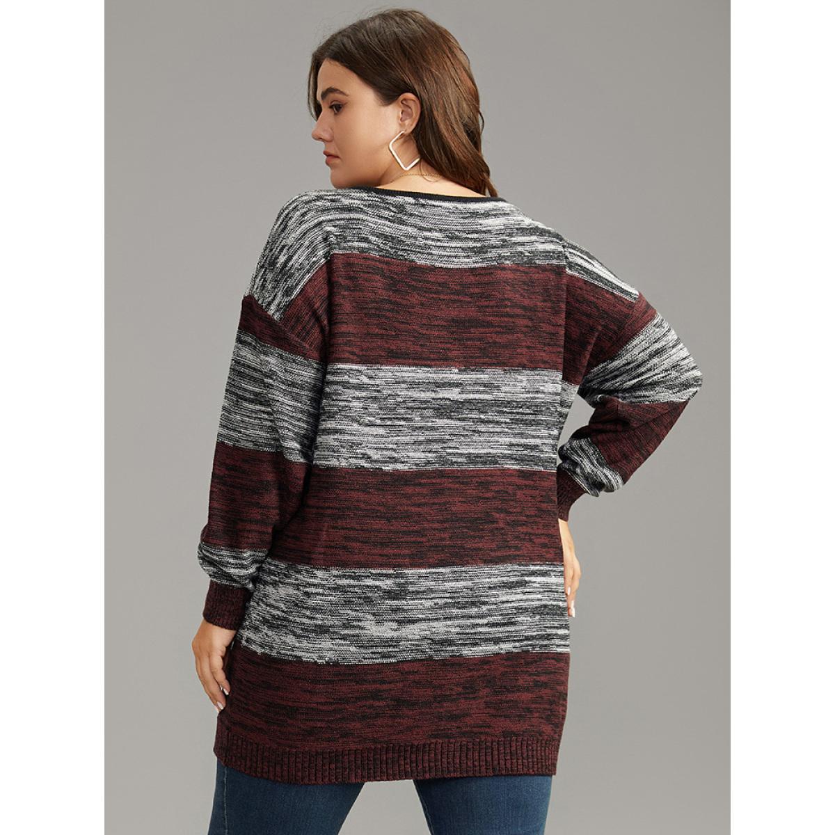 Plus Size Heather Colorblock Contrast Pocket Button Through Cardigan Burgundy Women Casual Loose Long Sleeve Everyday Cardigans BloomChic 14-16/1X Product Image