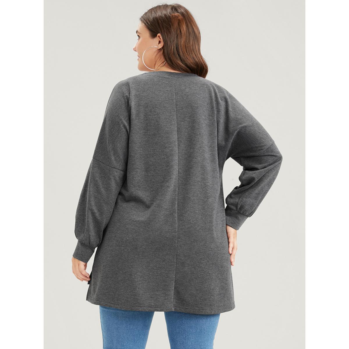Plus Size Solid Asymmetrical Hem Distressed Drop Shoulder Sweatshirt Women DimGray Casual Plain Round Neck Dailywear Sweatshirts BloomChic 12/L Product Image
