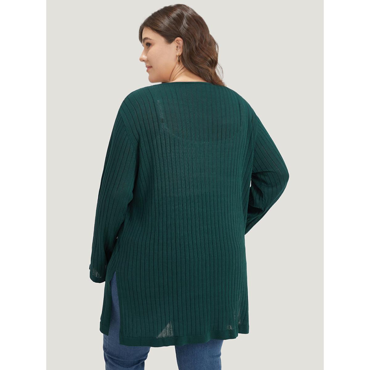 Plus Size Solid Rib Knit Pocket Lightweight Tunic Cardigan Green Women Basics Loose Long Sleeve Everyday Cardigans BloomChic 18-20/2X Product Image