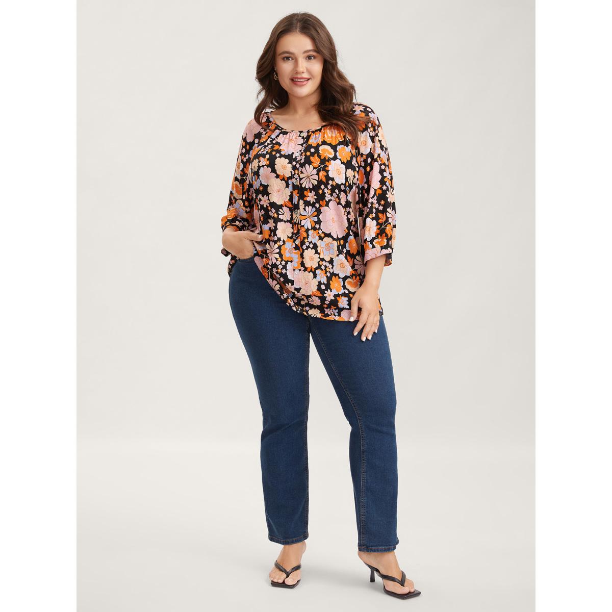 Plus Size Black Floral Textured Button Placket Blouse Women Elbow-length sleeve Round Neck Elegant Blouses BloomChic 26/4X Product Image