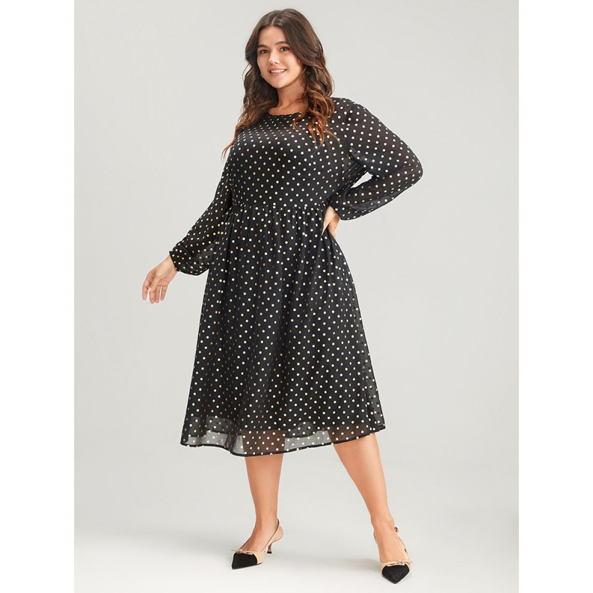 Plus Size Polka Dot Mesh Lantern Sleeve Flutter Round Neck Midi Dress Black Women Party See through Round Neck Long Sleeve Curvy Midi Dress BloomChic 14-16/1X Product Image