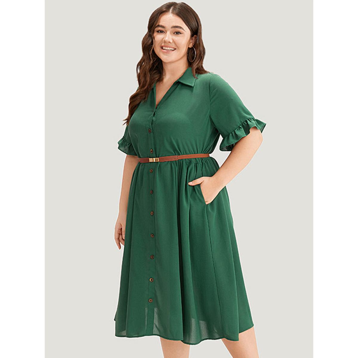Plus Size Plain Ruffles Pocket Button Up Pleated Frill Trim Dress Emerald Women Casual Plain Lapel Collar Short sleeve Curvy Midi Dress BloomChic 28/5X Product Image