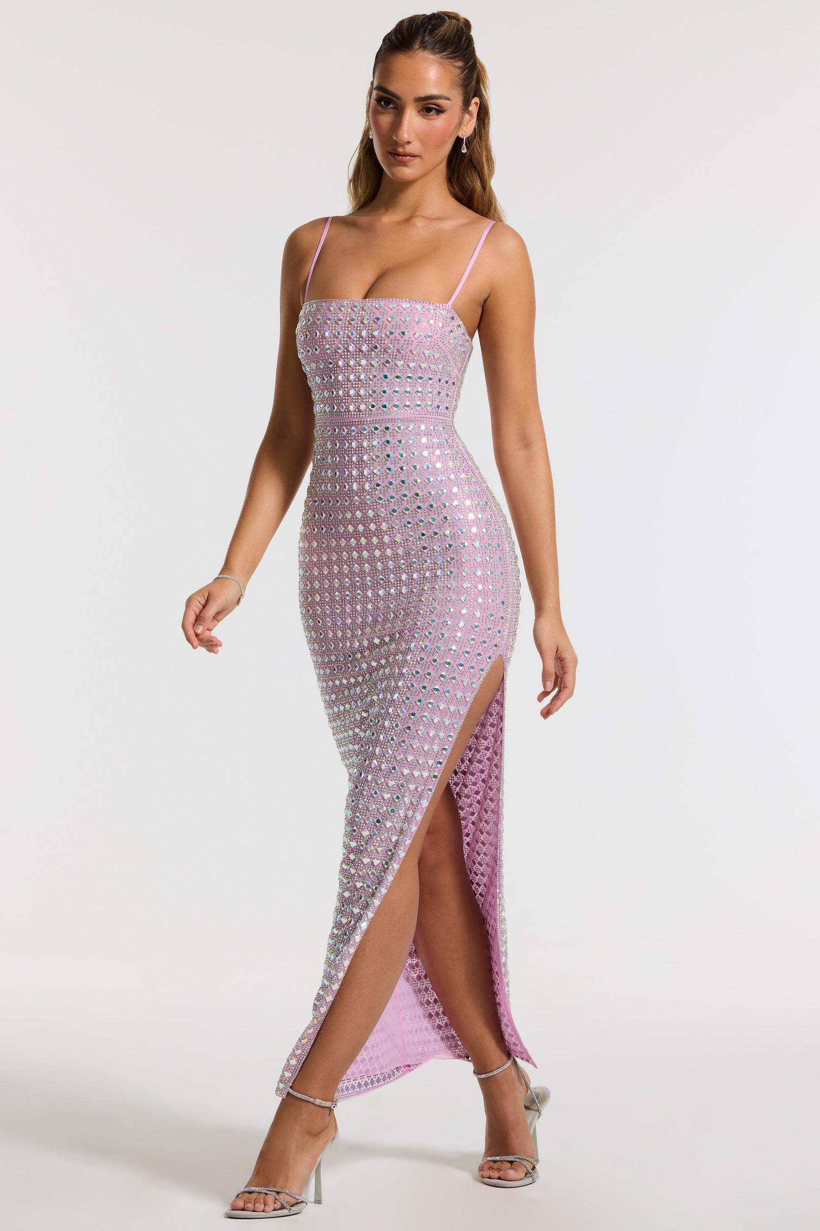Embellished Square Neck Evening Gown in Lilac Product Image