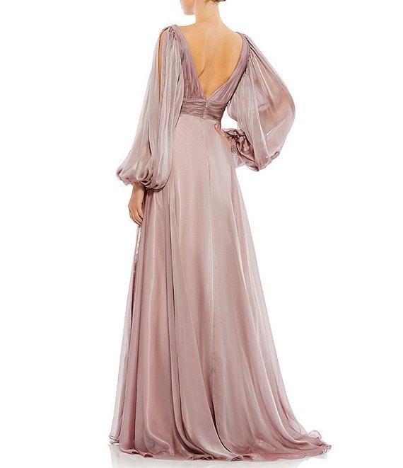 Mac Duggal V-Neck Beaded Cuff Open Long Sleeve Chiffon A-Line Plunge Back Detail Gown Product Image