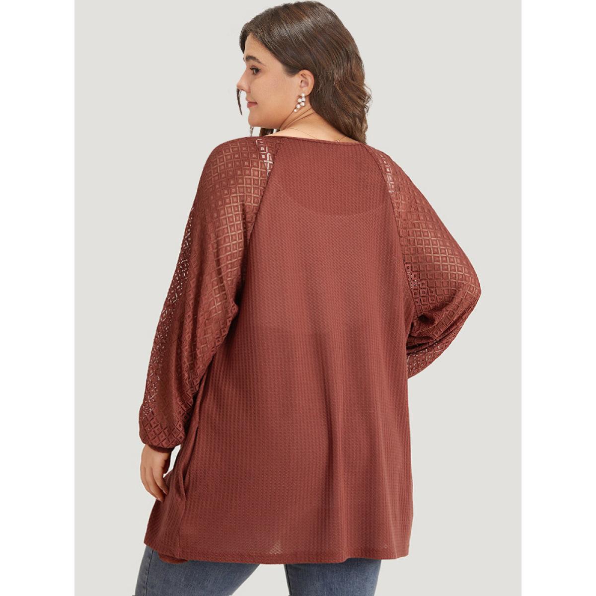Plus Size Solid Button Through Pocket Mesh Raglan Sleeve Kimono Women Rust Casual See through Loose Pocket Dailywear Kimonos BloomChic 30/6X Product Image