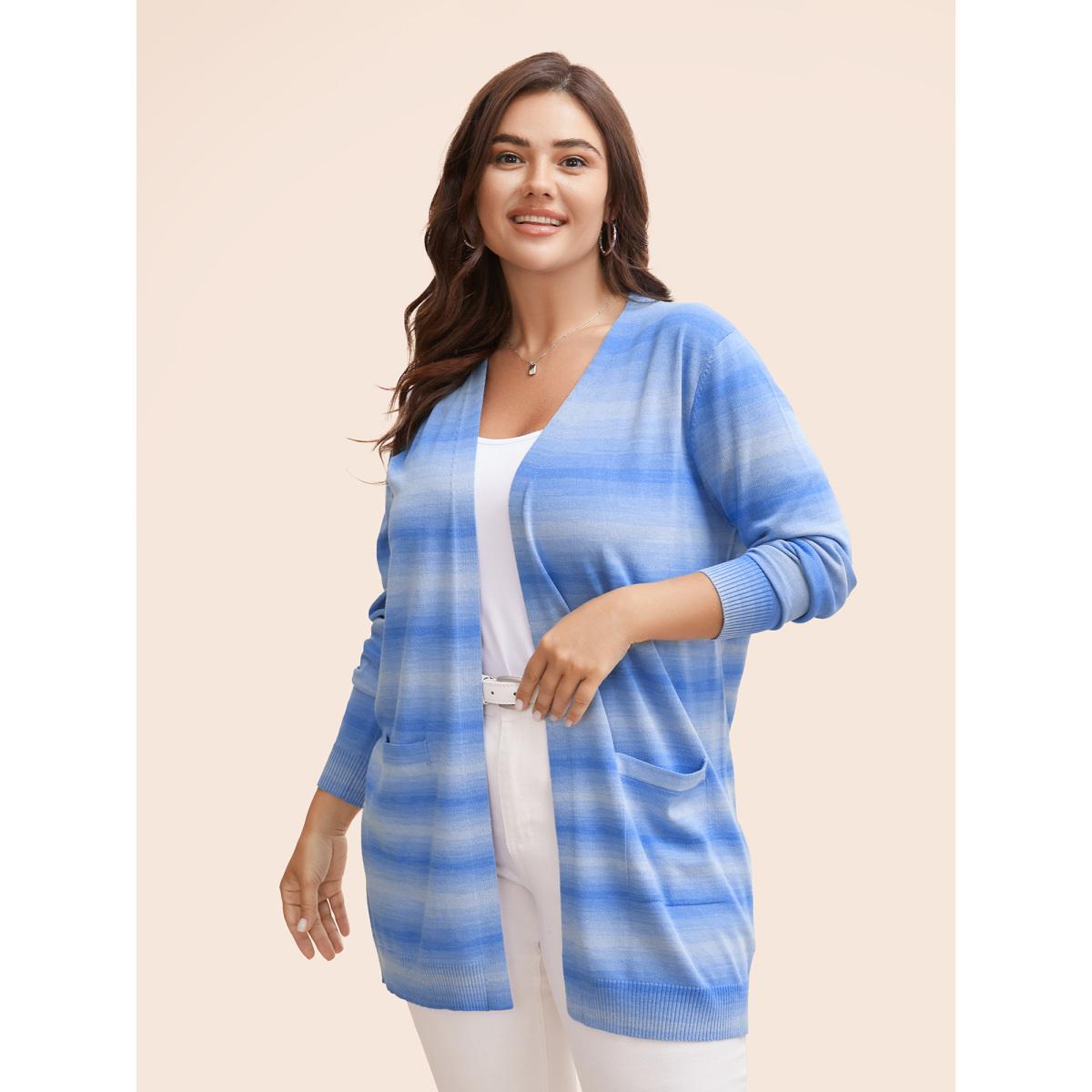 Plus Size Heather Ombre Kimono Collar Pocket Cardigan LightBlue Women Casual Loose Long Sleeve Everyday Cardigans BloomChic 28/5X Product Image