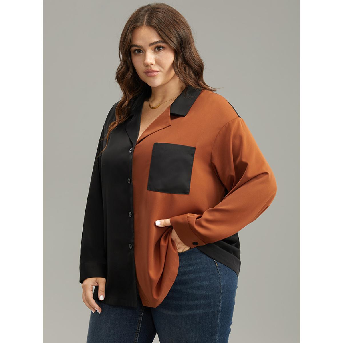 Plus Size Black Anti-Wrinkle Two Tone Patched Pocket Blouse Women Work From Home Long Sleeve Shirt collar Work Blouses BloomChic 14-16/1X Product Image