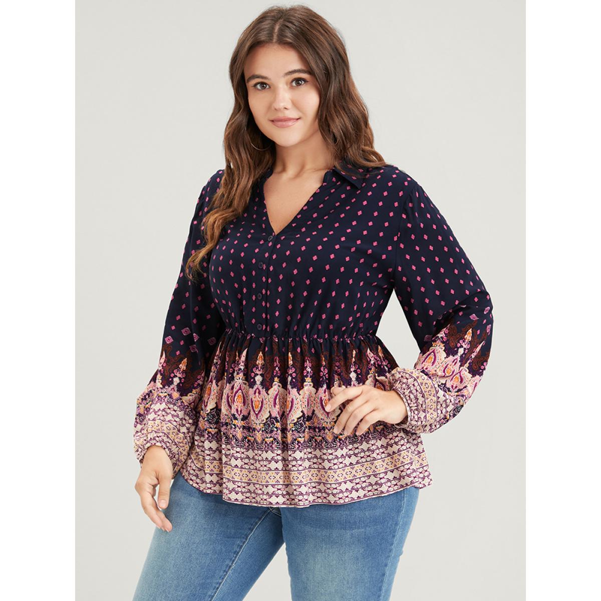 Plus Size DarkBlue Floral Button Lantern Sleeve Elastic Waist Flutter Blouse Women Vacation Long Sleeve V-neck Dailywear Blouses BloomChic 14-16/1X Product Image