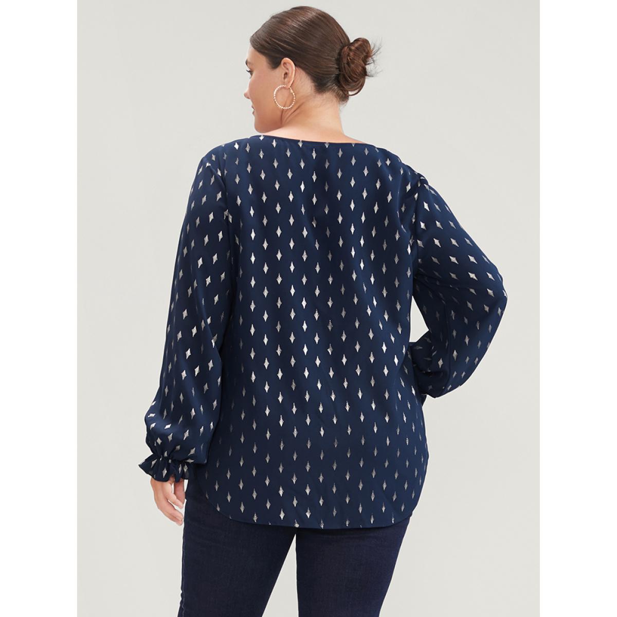 Plus Size Indigo Geometric Print Lantern Sleeve V Neck Blouse Women Party Long Sleeve V-neck Going out Blouses BloomChic 12/L Product Image