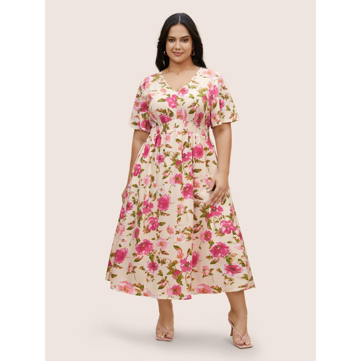Plus Size V Neck Floral Shirred Flutter Sleeve Dress Ivory Women Elegant Shirred V-neck Short sleeve Curvy BloomChic 10/M Product Image