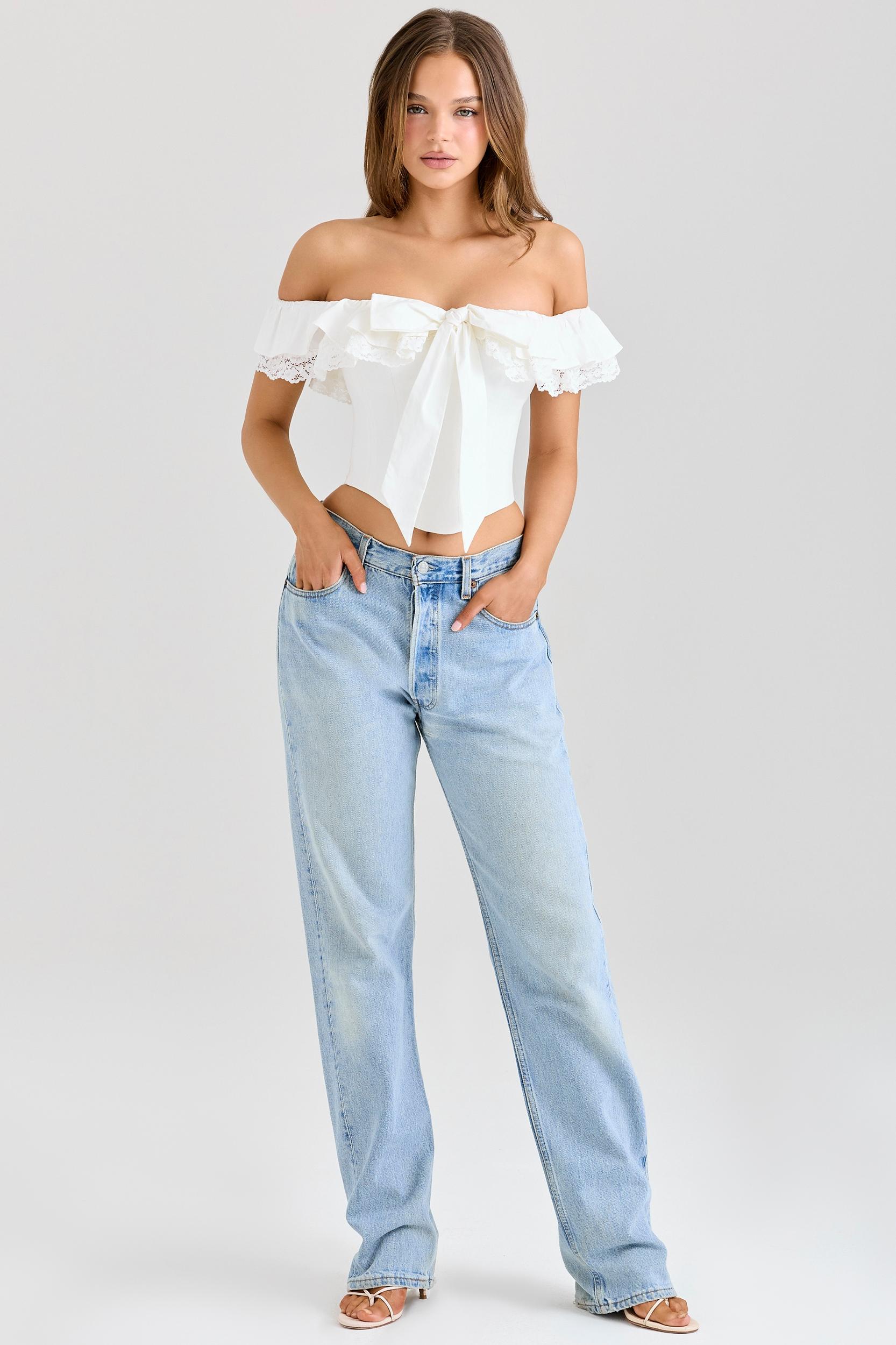Aria  white stretch cotton off-the-shoulder frill corset Product Image