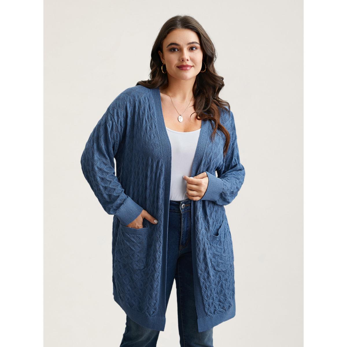 Plus Size Textured Cut-Out Plain Open Front Cardigan Stone Women Casual Loose Long Sleeve Everyday Cardigans BloomChic 18-20/2X Product Image