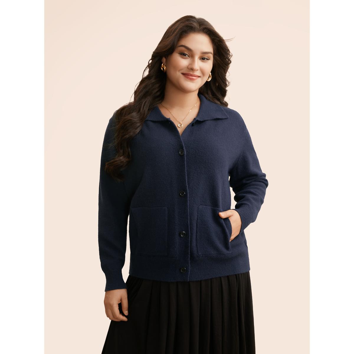 Plus Size Plain Patched Pocket Button Up Cardigan Indigo Women Leisure Loose Long Sleeve Casual Cardigans BloomChic 26/4X Product Image