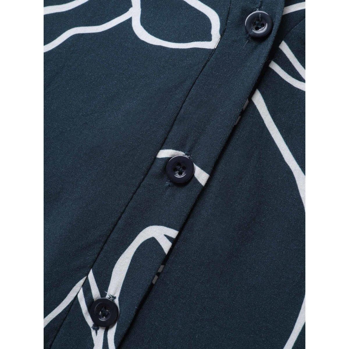 Plus Size Floral Print Cinched Flared Knee-Length Dress DarkBlue Women Office Shirt collar Short sleeve Curvy BloomChic 14-16/1X Product Image