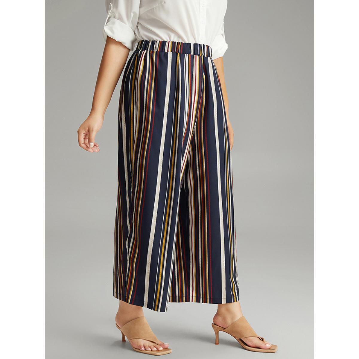 Plus Size Colour Striped Contrast Elastic Waist Wide Leg Pants Women Multicolor Casual Wide Leg High Rise Dailywear Pants BloomChic 10/M Product Image