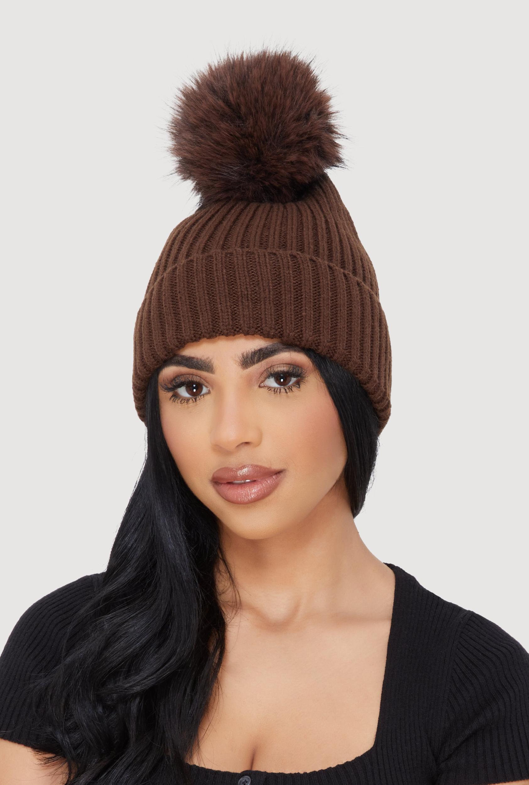 Trendy Faux Fur Pom Pom Detail Ribbed Knit Beanie Female Product Image
