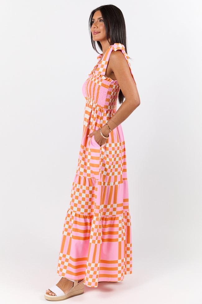 Get The Check Pink and Orange Printed Checkered Maxi Dress Product Image