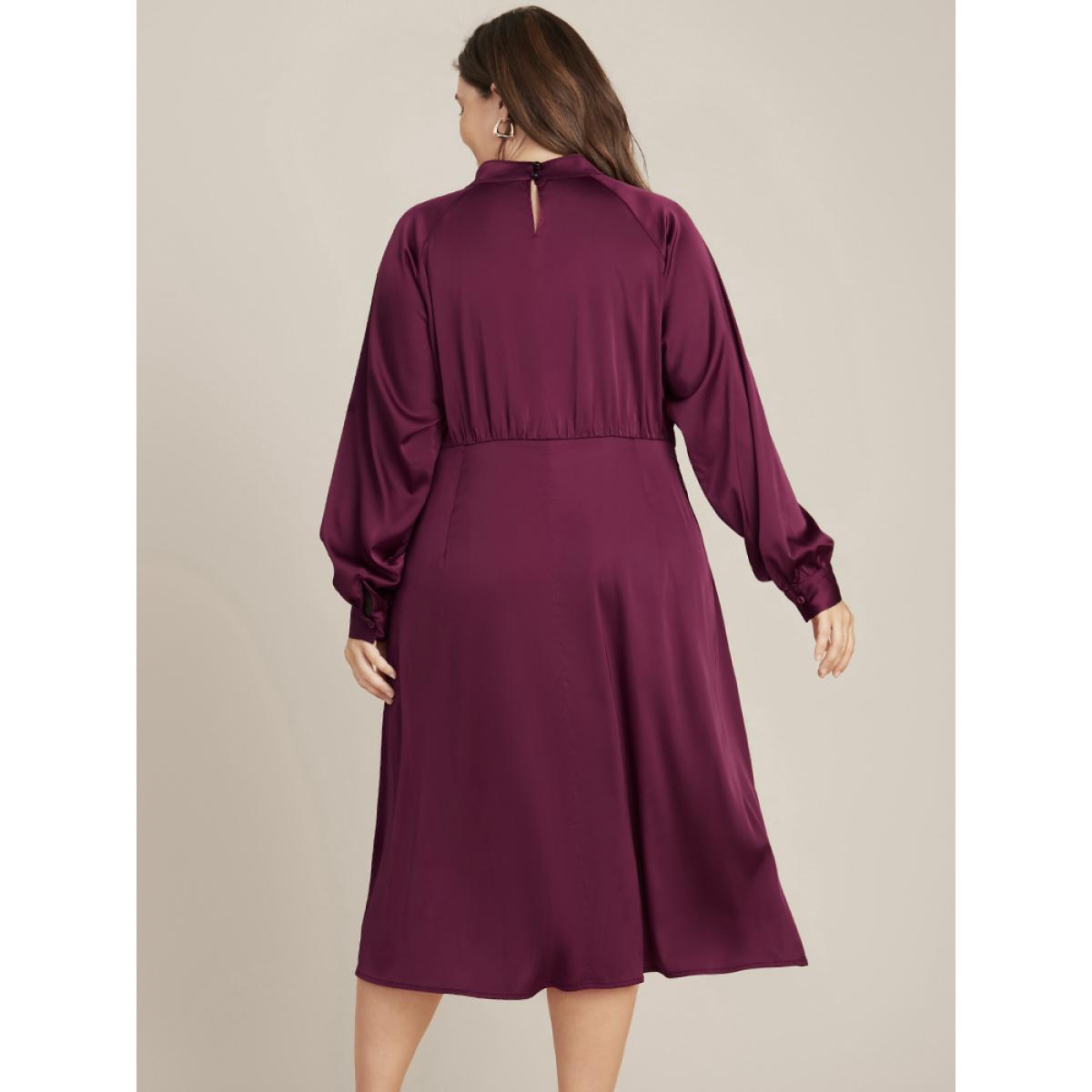 Plus Size Solid Pocket Keyhole Mock Neck Satin Midi Dress RedViolet Women Party Pocket Mock Neck Long Sleeve Curvy Midi Dress BloomChic 10/M Product Image