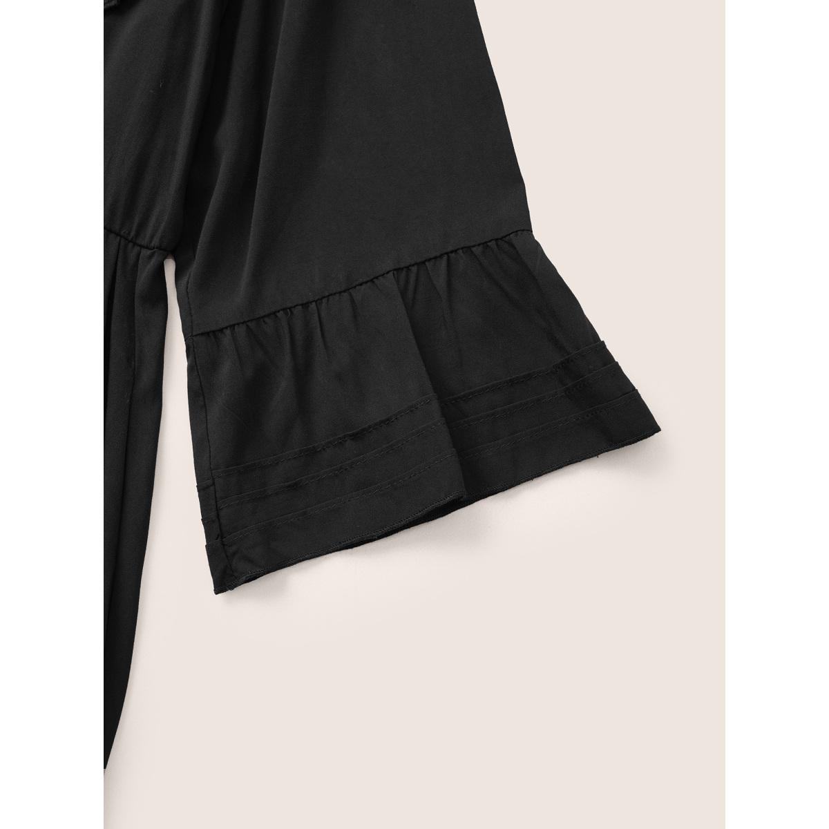 Plus Size Solid Laser Cut Flutter Trim Bell Sleeve Dress Black Women Elegant Non Notched collar Elbow-length sleeve Curvy Knee Dress BloomChic 28/5X Product Image