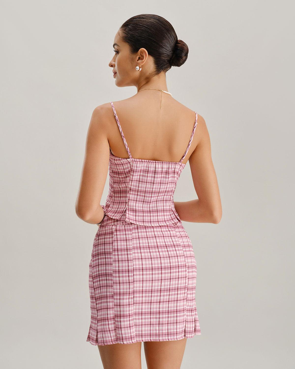 Pink Plaid Straight Mini Skirt Product Image