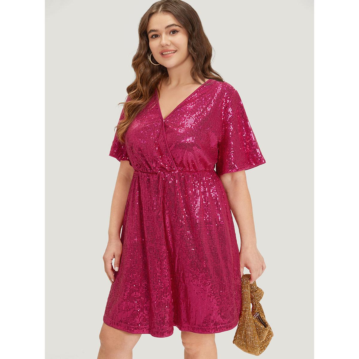 Plus Size Sequin Overlap Collar Elastic Waist Dress RedViolet Women Party Wrap Overlap Collar Short sleeve Curvy Midi Dress BloomChic 18-20/2X Product Image