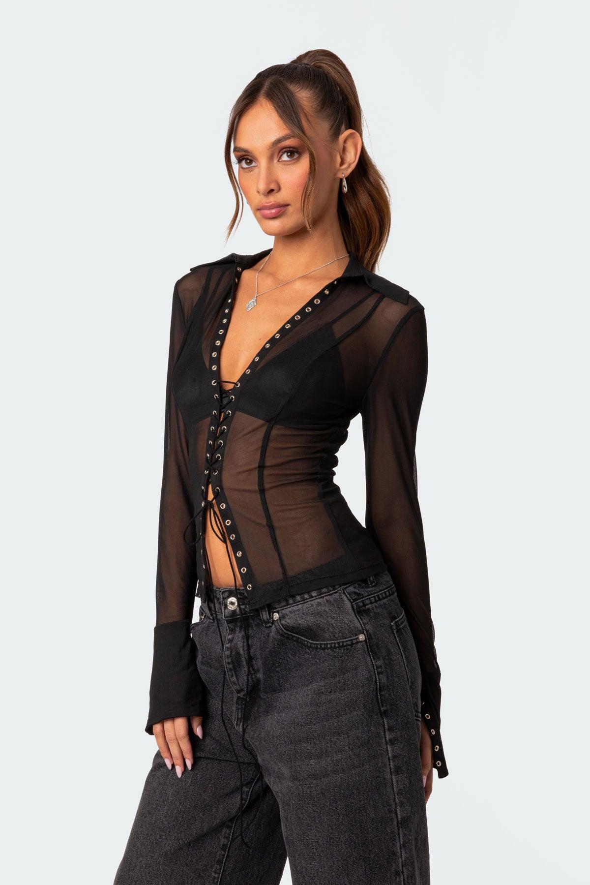 Lace Up Sheer Mesh Top Product Image