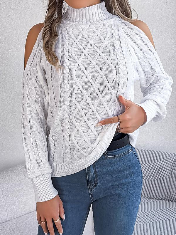 Long Sleeves Loose Hollow Solid Color Cold Shoulder Pullovers Sweater Tops Product Image