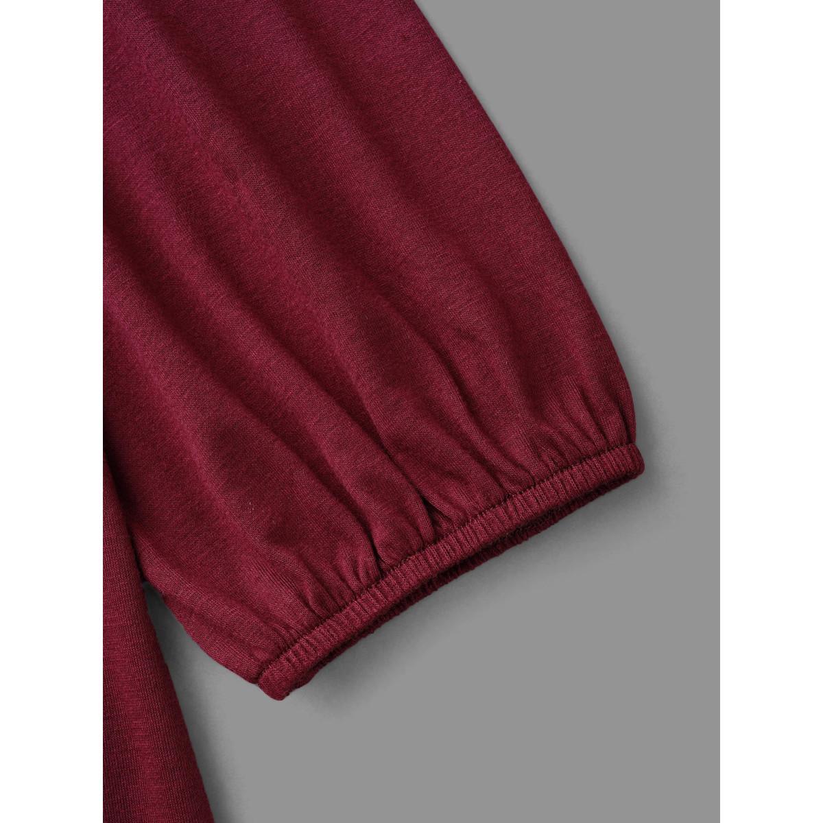 Plus Size Floral Embroidery Gathered Lantern Sleeve T-shirt Scarlet Women Elegant Gathered Natural Flowers Boat Neck Everyday T-shirts BloomChic 10/M Product Image