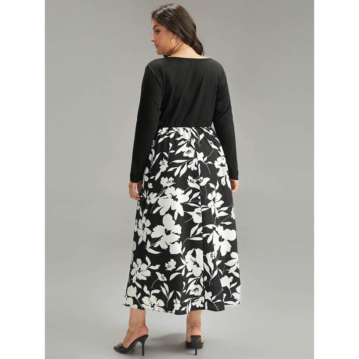 Plus Size Silhouette Floral Print Patchwork Button Detail Dress Black Women Elegant Printed V-neck Long Sleeve Curvy Midi Dress BloomChic 18-20/2X Product Image