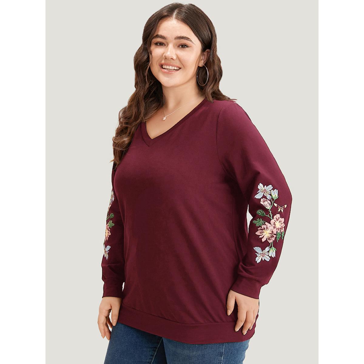 Plus Size Floral Embroidered Elastic Cuffs V Neck Sweatshirt Women Burgundy Elegant Elastic cuffs V-neck Dailywear Sweatshirts BloomChic 30/6X Product Image