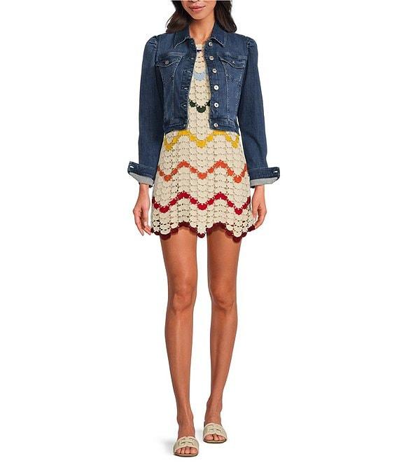 Chelsea & Violet Point Collar Long Puff Shoulder Sleeve Denim Short Statement Jacket Product Image